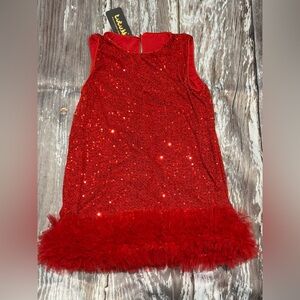 Red Sequin Dress with Feather Hem